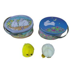 Vintage 2 Russ Berrie Easter Tins and 2 Dakin PomPom Chicks Bunny Handles 1980's